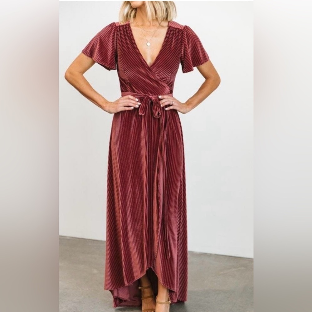 Baltic Born Andi ribbed velvet maxi dress wrap high low dusty pink Large